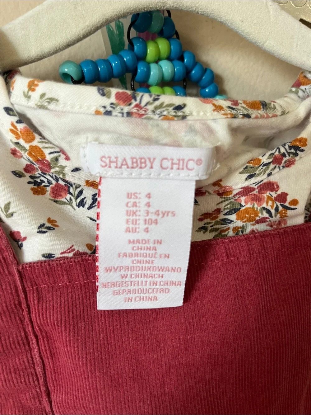 Shabby Chic Burgundy Corduroy Pinafore Dress with Floral Top